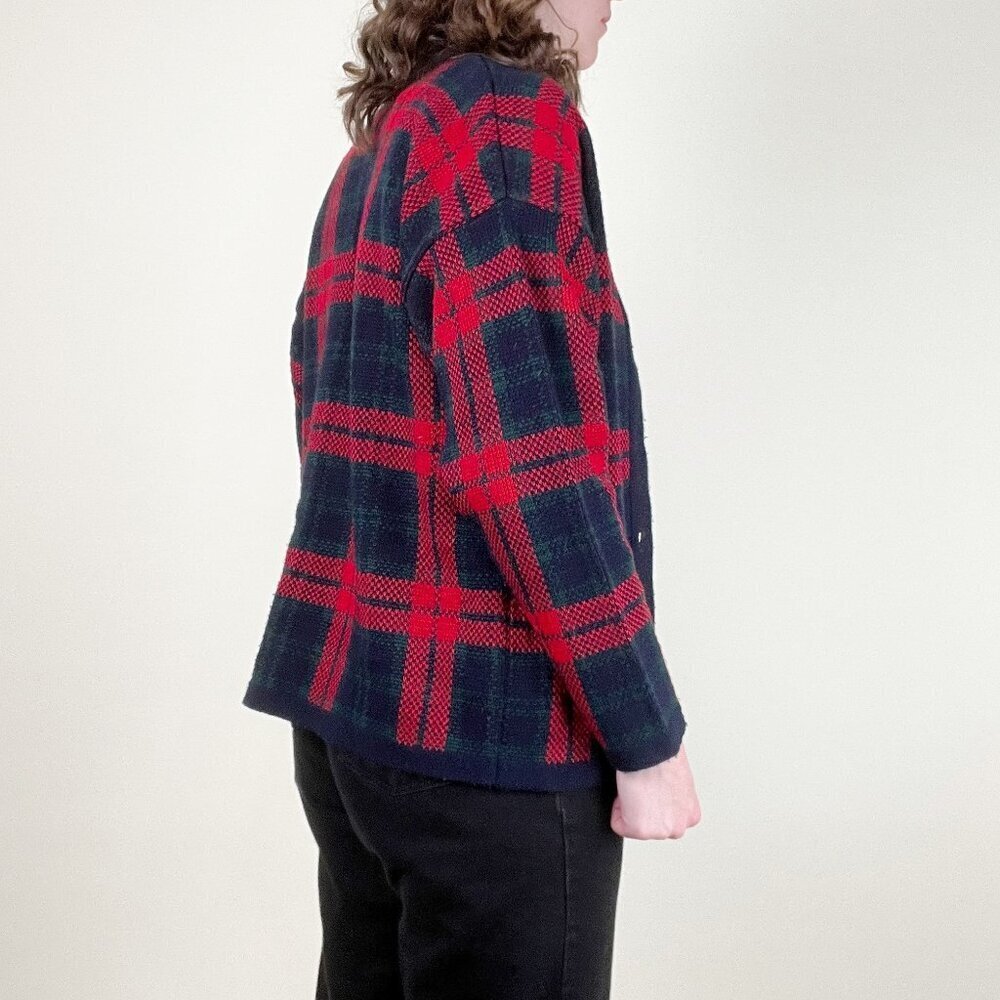 Vintage Scottish Wool Plaid Cardigan Sweater Oversized Tartan Holiday Christmas - Picture 4 of 9